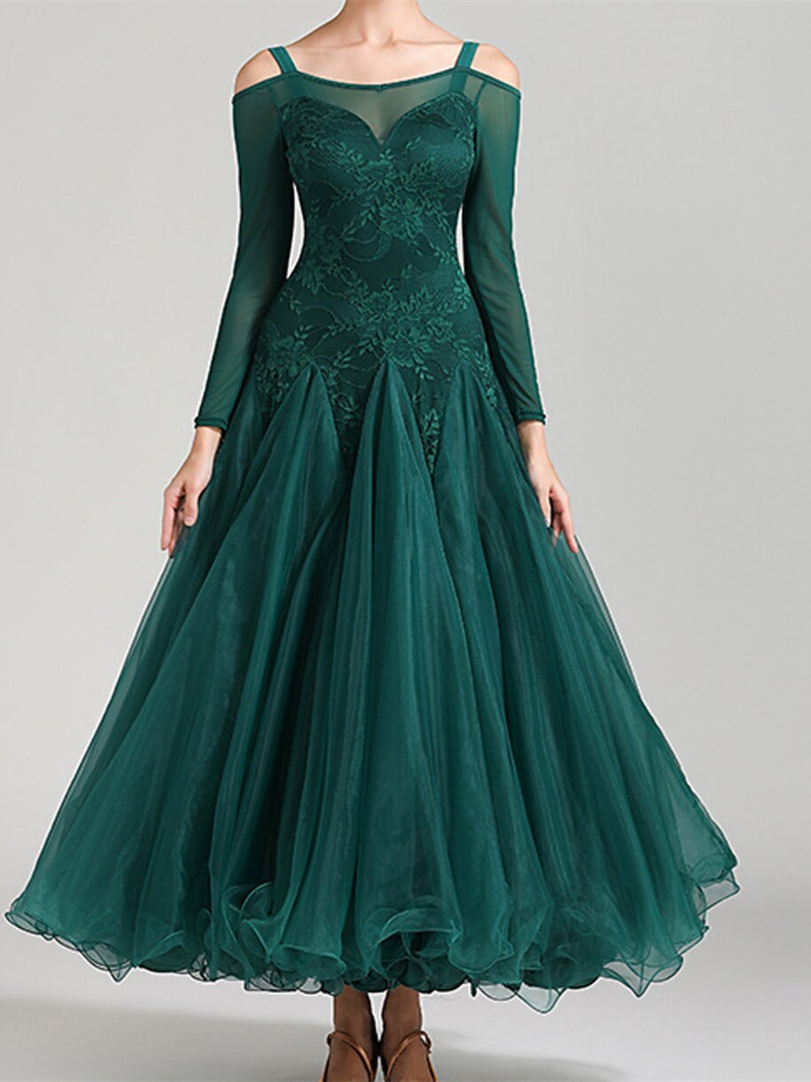 Robe de Danse de Salon pour Femmes, Couleur Unie, Manches Longues, pour Spectacle de Danse de Salon