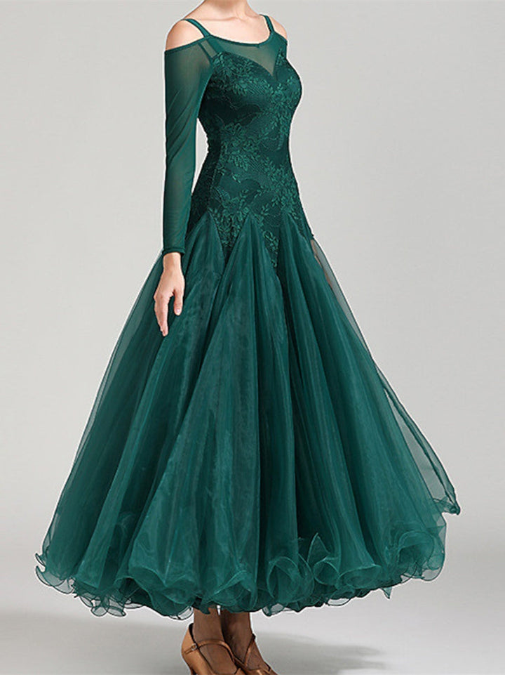 Robe de Danse de Salon pour Femmes, Couleur Unie, Manches Longues, pour Spectacle de Danse de Salon