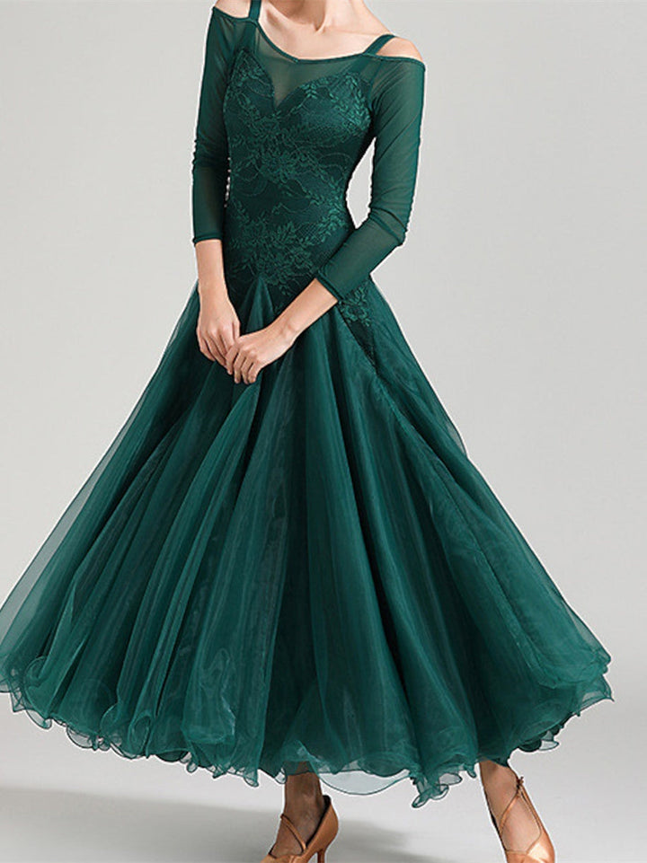 Robe de Danse de Salon pour Femmes, Couleur Unie, Manches Longues, pour Spectacle de Danse de Salon