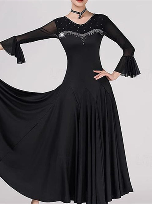 Robe de Danse de Salon pour Femmes, Couleur Pure, Cristaux/Strass, Performance pour Femmes, Manches Longues
