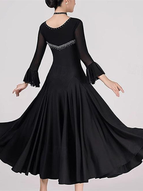 Robe de Danse de Salon pour Femmes, Couleur Pure, Cristaux/Strass, Performance pour Femmes, Manches Longues