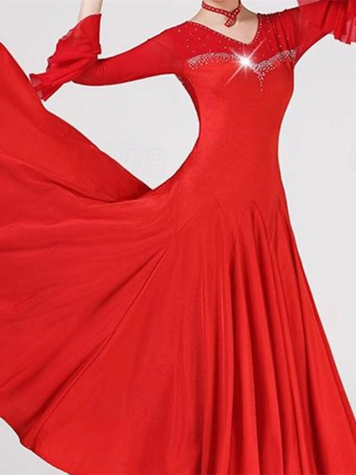 Robe de Danse de Salon pour Femmes, Couleur Pure, Cristaux/Strass, Performance pour Femmes, Manches Longues