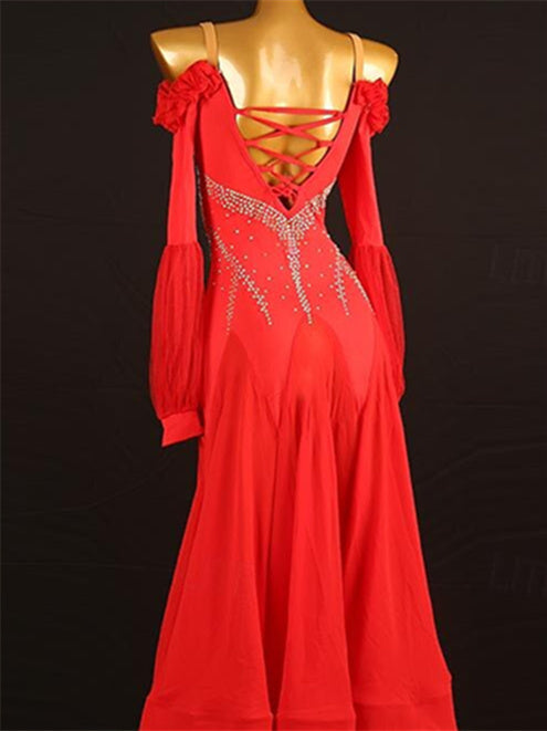 Robe de Danse de Salon pour Femmes, Cristaux/Strass, Manches Longues, pour Spectacle, pour Femmes