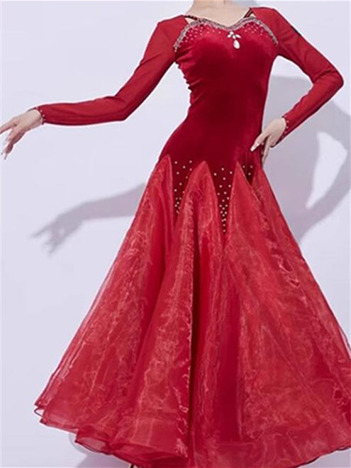 Robe de Danse de Salon pour Femmes, Tenue de Danse de Salon avec Épissage de Cristaux/Strass, Manches Longues pour Femmes