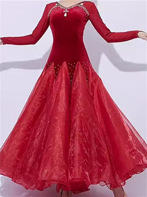 Robe de Danse de Salon pour Femmes, Tenue de Danse de Salon avec Épissage de Cristaux/Strass, Manches Longues pour Femmes