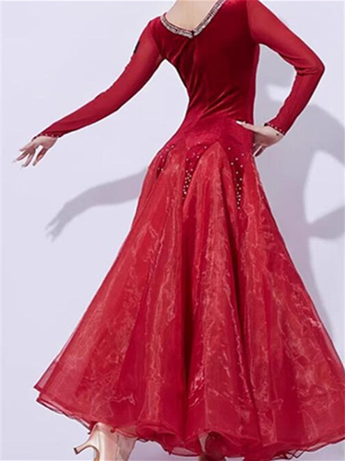 Robe de Danse de Salon pour Femmes, Tenue de Danse de Salon avec Épissage de Cristaux/Strass, Manches Longues pour Femmes