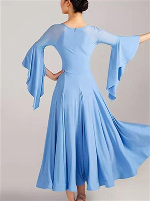 Robe de Danse de Salon pour Femmes, Tenue de Danse de Salon, Couleur Pure, Épissure, Soirée de Performance pour Femmes, Manches 3/4