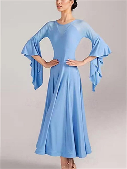 Robe de Danse de Salon pour Femmes, Tenue de Danse de Salon, Couleur Pure, Épissure, Soirée de Performance pour Femmes, Manches 3/4