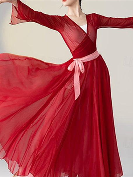 Vêtements de Danse pour Femmes Jupes de Danse de Salon en Dentelle Entraînement de Performance pour Femmes à Manches Longues