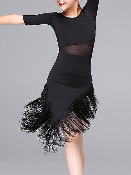 Robe de Danse Latine pour Enfants, Demi-Manches, Pompon, Performance pour Filles, Polyester