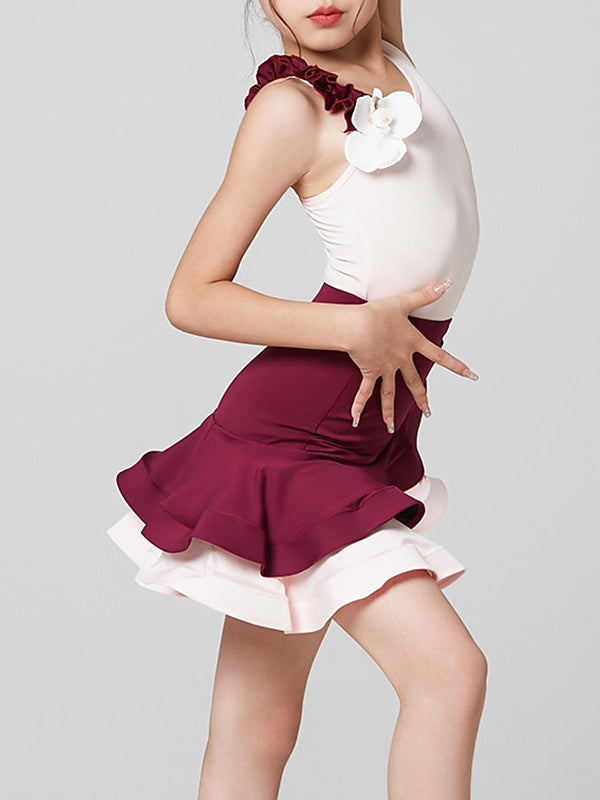 Danse Latine Vêtements de Danse pour Enfants Robe Naturelle Sans Manches Performance pour Filles Élasthanne