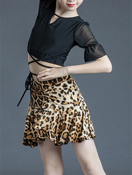 Jupes de Danse pour Enfants à Manches Courtes en Polyester Imprimé Léopard pour Filles