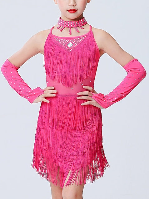 Robe de Danse Latine pour Enfants, Tenue de Danse à Pompons, Drapée Sur le Côté, Sans Manches, en Polyester, pour Filles