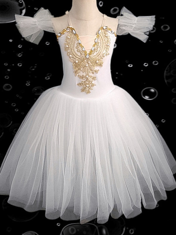 Robe de Danse pour Enfants, Broderie en Dentelle Strass, Sans Manches, Maille de Performance en Polyester pour Filles