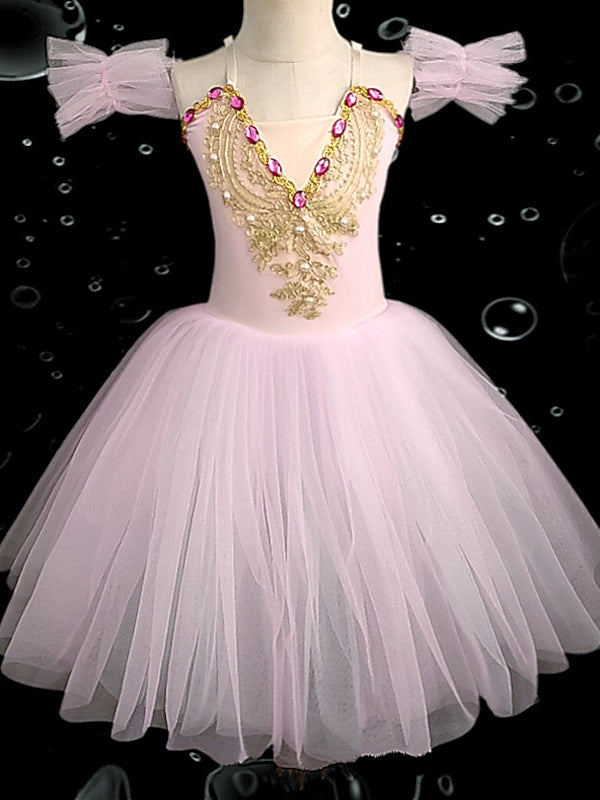 Robe de Danse pour Enfants, Broderie en Dentelle Strass, Sans Manches, Maille de Performance en Polyester pour Filles