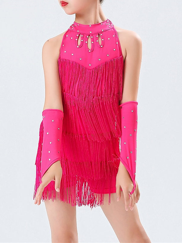 Robe de Danse Latine pour Enfants, Tenue de Danse en Cristal/Strass, Sans Manches, en Polyester, pour Filles