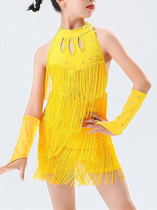 Robe de Danse Latine pour Enfants, Tenue de Danse en Cristal/Strass, Sans Manches, en Polyester, pour Filles