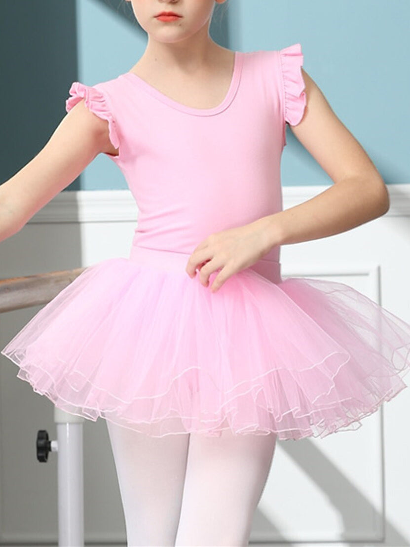 Vêtements de Danse pour Enfants Jupes de Ballet Bonnet D'Épissure Manches Courtes Mélange de Coton Tulle Performance pour Filles