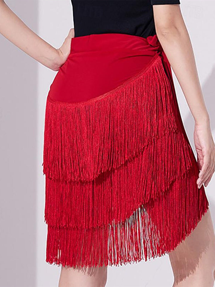 Jupes de Danse de Salon de Danse Latine pour Femmes, Impression de Pompons, Couleur Pure, Performance Féminine, Haute Qualité, Polyester