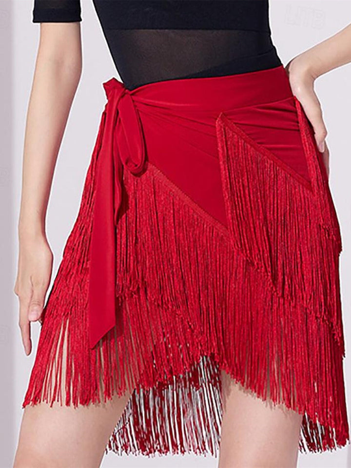 Jupes de Danse de Salon de Danse Latine pour Femmes, Impression de Pompons, Couleur Pure, Performance Féminine, Haute Qualité, Polyester