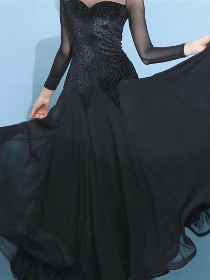 Robe de Danse de Salon pour Femmes, Robe de Danse de Salon en Tulle de Couleur Pure, Manches Longues pour Femmes