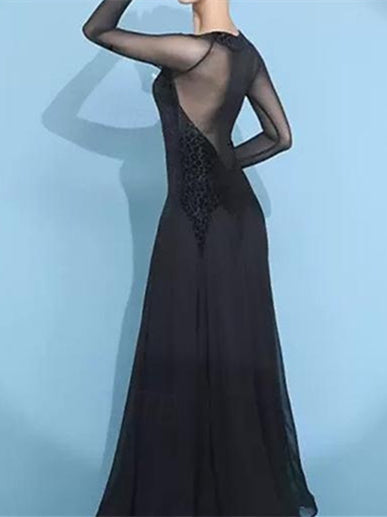 Robe de Danse de Salon pour Femmes, Robe de Danse de Salon en Tulle de Couleur Pure, Manches Longues pour Femmes