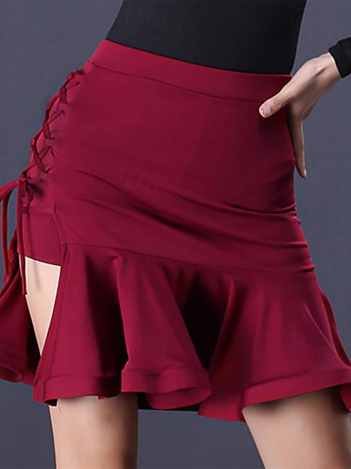 Jupes de Danse de Salon Latine pour Femmes, Cordon de Serrage, Volants, Couleur Unie, Entraînement de Performance pour Femmes, Haut en Élasthanne