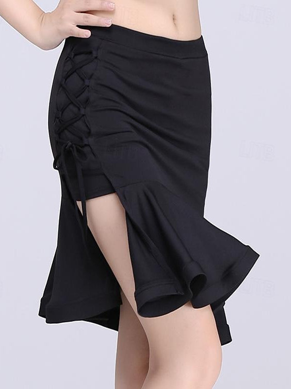 Jupes de Danse de Salon Latine pour Femmes, Cordon de Serrage, Volants, Couleur Unie, Entraînement de Performance pour Femmes, Haut en Élasthanne