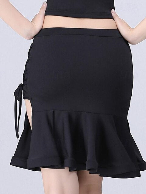 Jupes de Danse de Salon Latine pour Femmes, Cordon de Serrage, Volants, Couleur Unie, Entraînement de Performance pour Femmes, Haut en Élasthanne