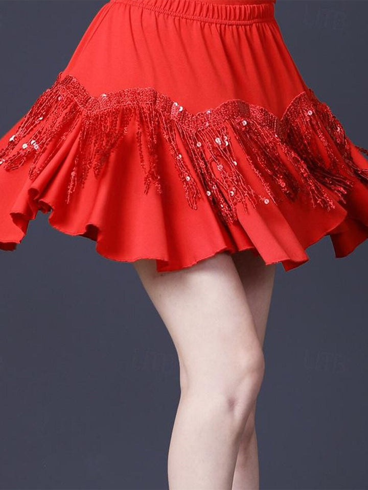 Jupes de Danse de Salon de Danse Latine pour Femmes, Pompon, Épissage de Couleur Pure, Performance Féminine