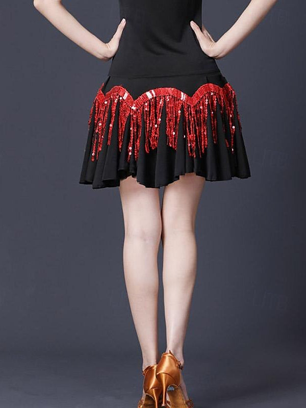 Jupes de Danse de Salon de Danse Latine pour Femmes, Pompon, Épissage de Couleur Pure, Performance Féminine