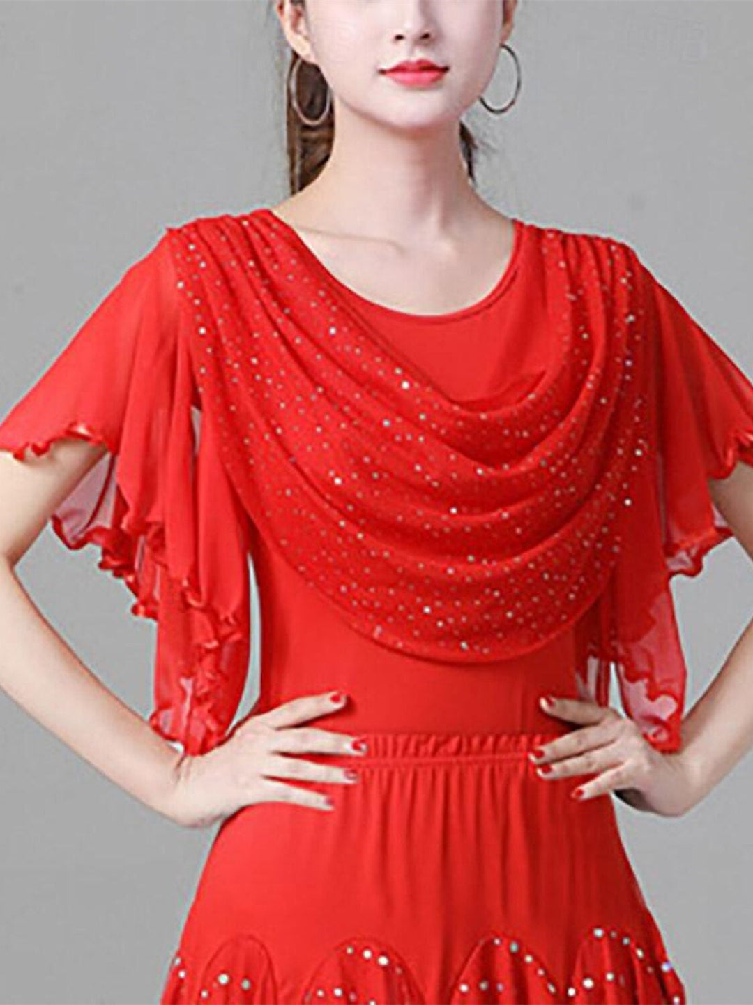 Haut de Danse de Salon Latine pour Femmes, Volants, Épissure de Couleur Pure, Performance pour Femmes, Manches Courtes