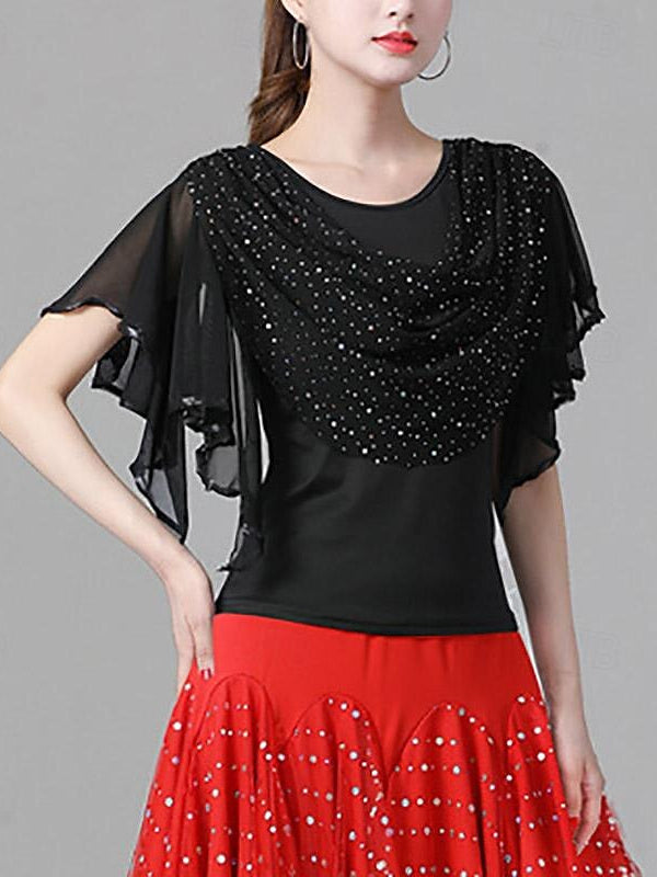 Haut de Danse de Salon Latine pour Femmes, Volants, Épissure de Couleur Pure, Performance pour Femmes, Manches Courtes