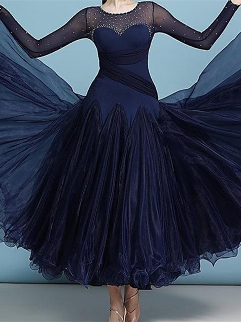 Robe de Danse de Salon pour Femmes, Strass, Couleur Pure, Performance pour Femmes, Manches Longues, Polyester