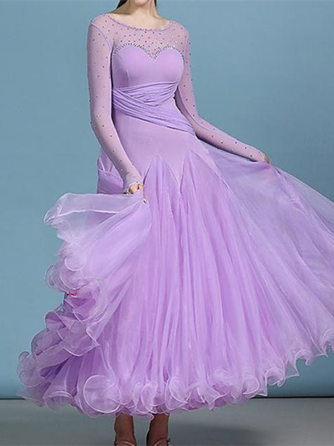 Robe de Danse de Salon pour Femmes, Strass, Couleur Pure, Performance pour Femmes, Manches Longues, Polyester