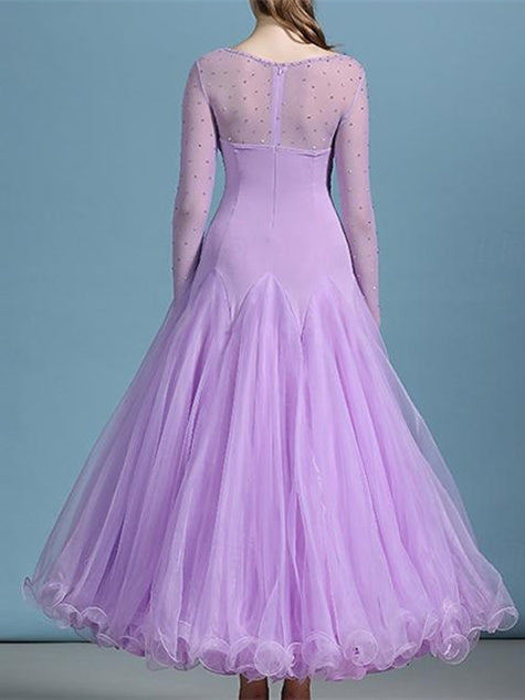 Robe de Danse de Salon pour Femmes, Strass, Couleur Pure, Performance pour Femmes, Manches Longues, Polyester