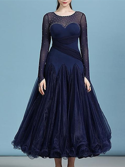 Robe de Danse de Salon pour Femmes, Strass, Couleur Pure, Performance pour Femmes, Manches Longues, Polyester