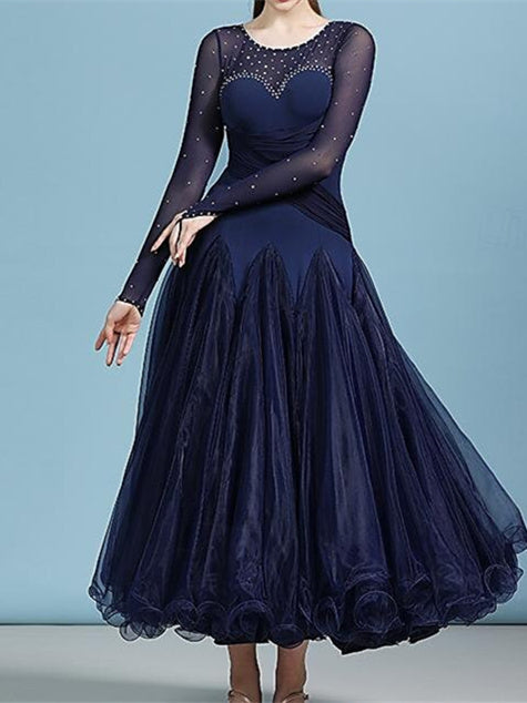 Robe de Danse de Salon pour Femmes, Strass, Couleur Pure, Performance pour Femmes, Manches Longues, Polyester