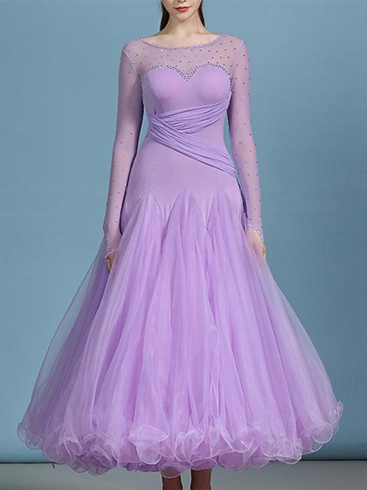 Robe de Danse de Salon pour Femmes, Strass, Couleur Pure, Performance pour Femmes, Manches Longues, Polyester