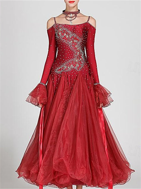 Robe de Danse de Salon pour Femmes, Robe de Danse de Salon en Tulle Strass, Performance pour Femmes, Manches Longues, Polyester