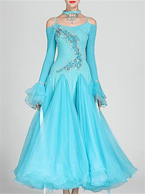 Robe de Danse de Salon pour Femmes, Robe de Danse de Salon en Tulle Strass, Performance pour Femmes, Manches Longues, Polyester