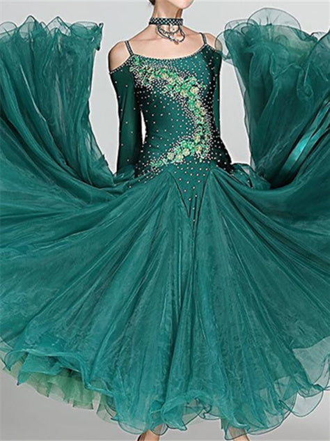 Robe de Danse de Salon pour Femmes, Robe de Danse de Salon en Tulle Strass, Performance pour Femmes, Manches Longues, Polyester