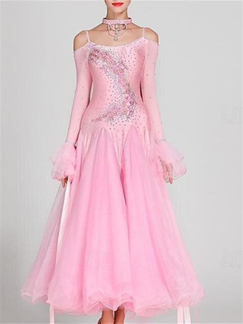 Robe de Danse de Salon pour Femmes, Robe de Danse de Salon en Tulle Strass, Performance pour Femmes, Manches Longues, Polyester