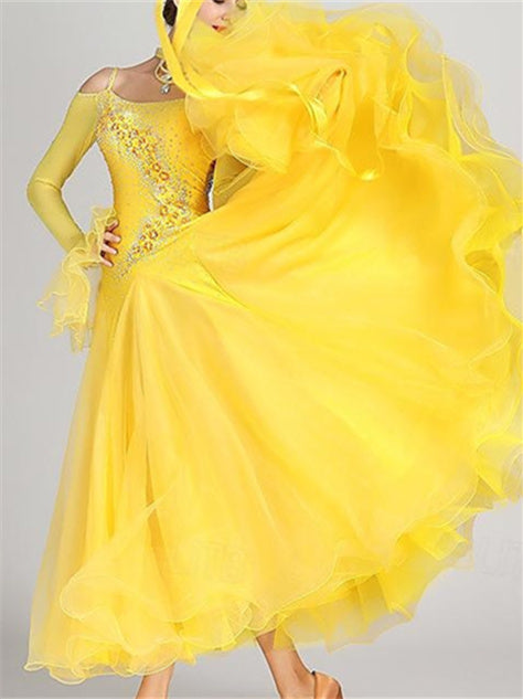 Robe de Danse de Salon pour Femmes, Robe de Danse de Salon en Tulle Strass, Performance pour Femmes, Manches Longues, Polyester