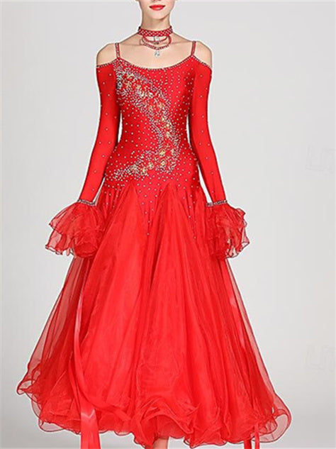 Robe de Danse de Salon pour Femmes, Robe de Danse de Salon en Tulle Strass, Performance pour Femmes, Manches Longues, Polyester