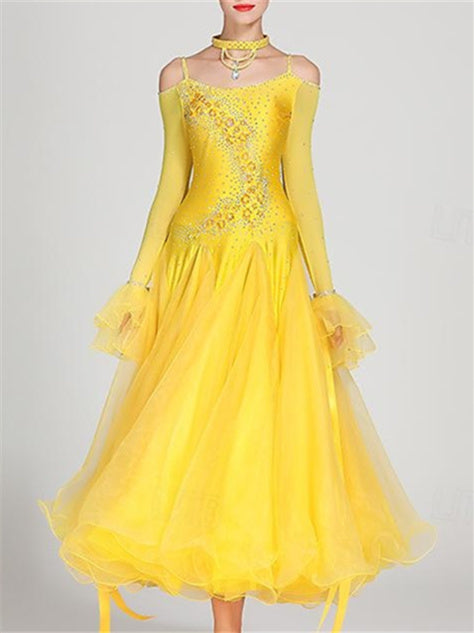 Robe de Danse de Salon pour Femmes, Robe de Danse de Salon en Tulle Strass, Performance pour Femmes, Manches Longues, Polyester