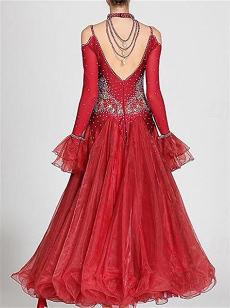 Robe de Danse de Salon pour Femmes, Robe de Danse de Salon en Tulle Strass, Performance pour Femmes, Manches Longues, Polyester