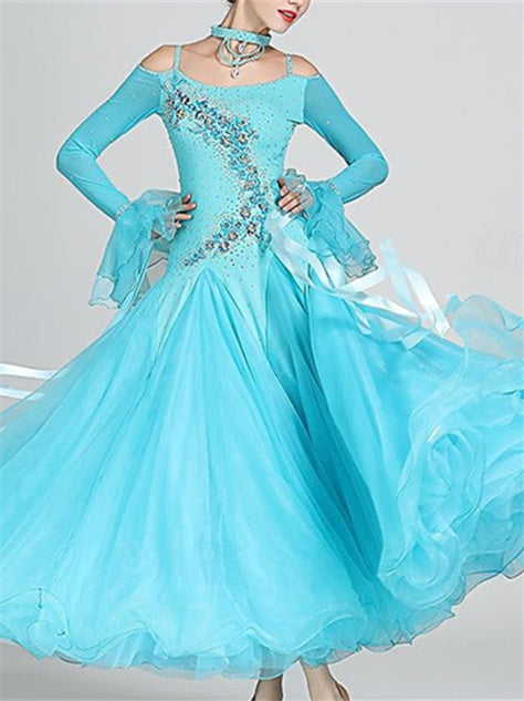 Robe de Danse de Salon pour Femmes, Robe de Danse de Salon en Tulle Strass, Performance pour Femmes, Manches Longues, Polyester