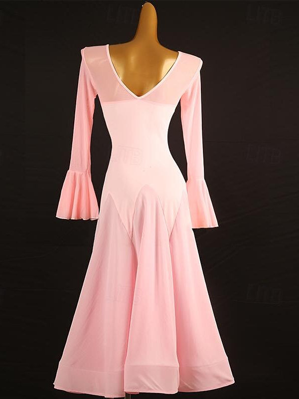 Robe de Danse de Salon pour Femmes, Couleur Unie, Manches Longues, Haute en Mousseline de Soie, Chinlon, Tulle