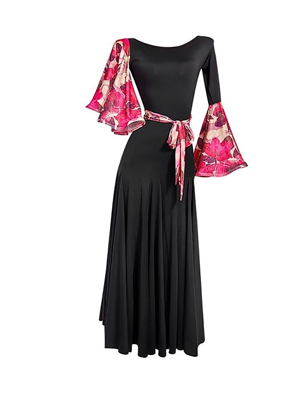 Robe de Danse de Salon Danvewear pour Femmes, Imprimé Plis, Épissure, Performance, Soirée, Manches Longues